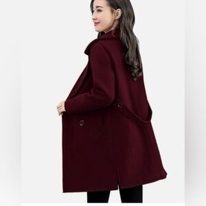 chouyatou  Elegant Lapel Collar Double Breasted burgundy Wool Blend Pea Coat L